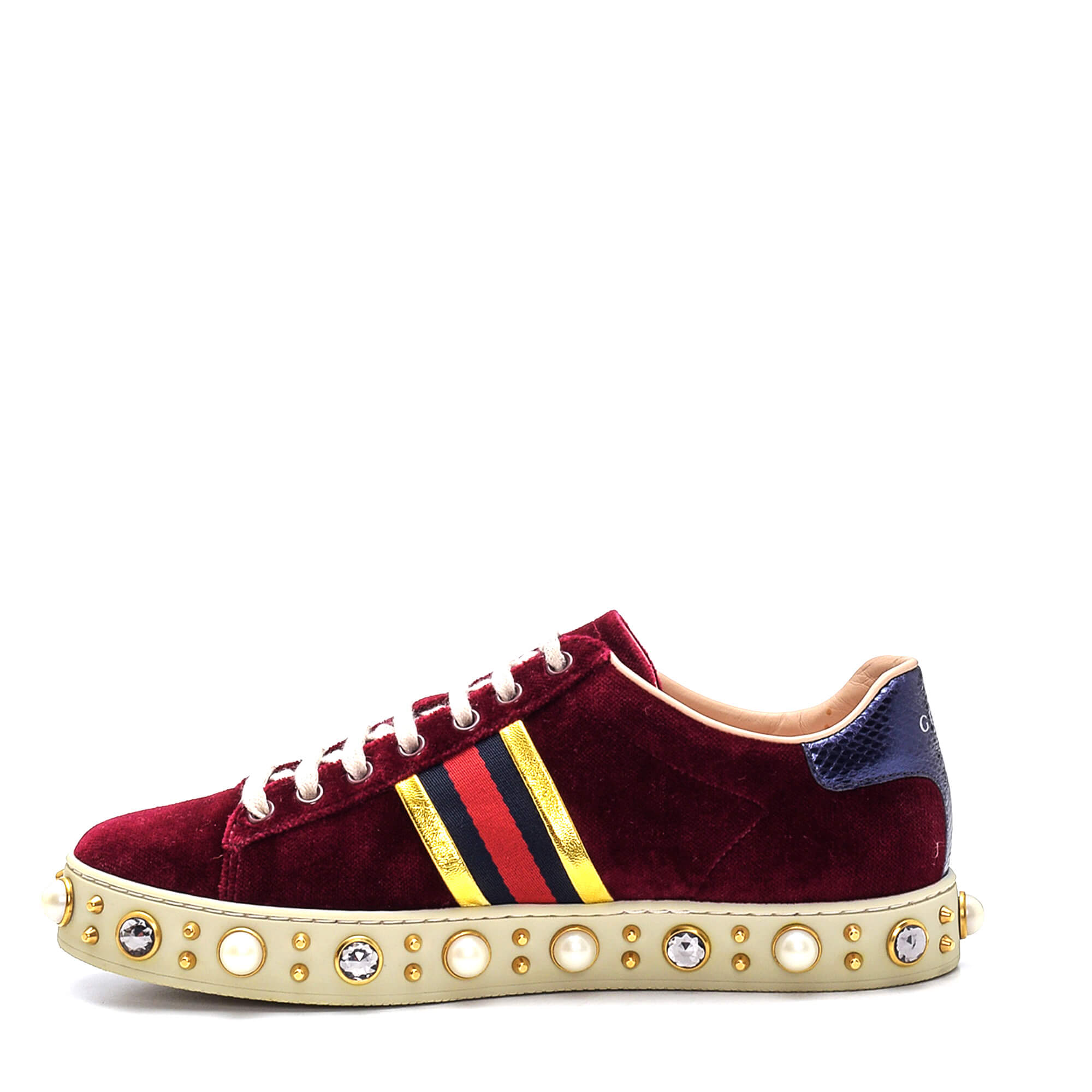 Gucci - Bordeaux New Ace Faux Pearl Embellished Velvet Trainer Sneakers